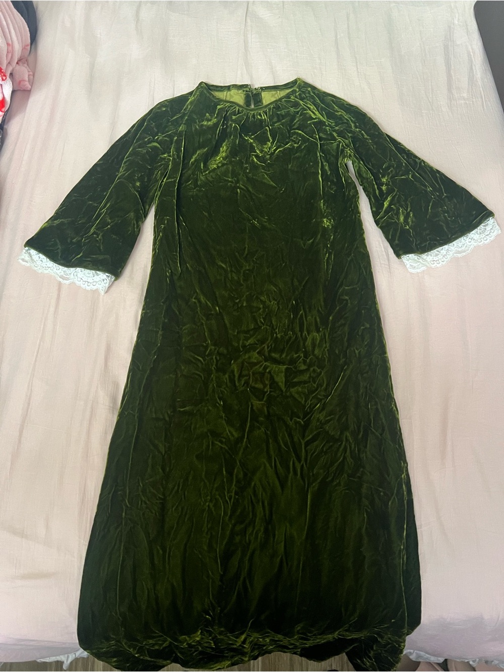 Vintage Olive Green Velvet Midi Dress with White Lace Trim and Bows